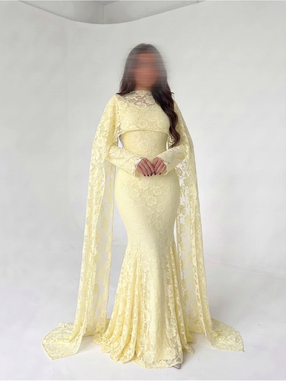 Elegant Women's Maxi Lace Gown in Butter Yellow